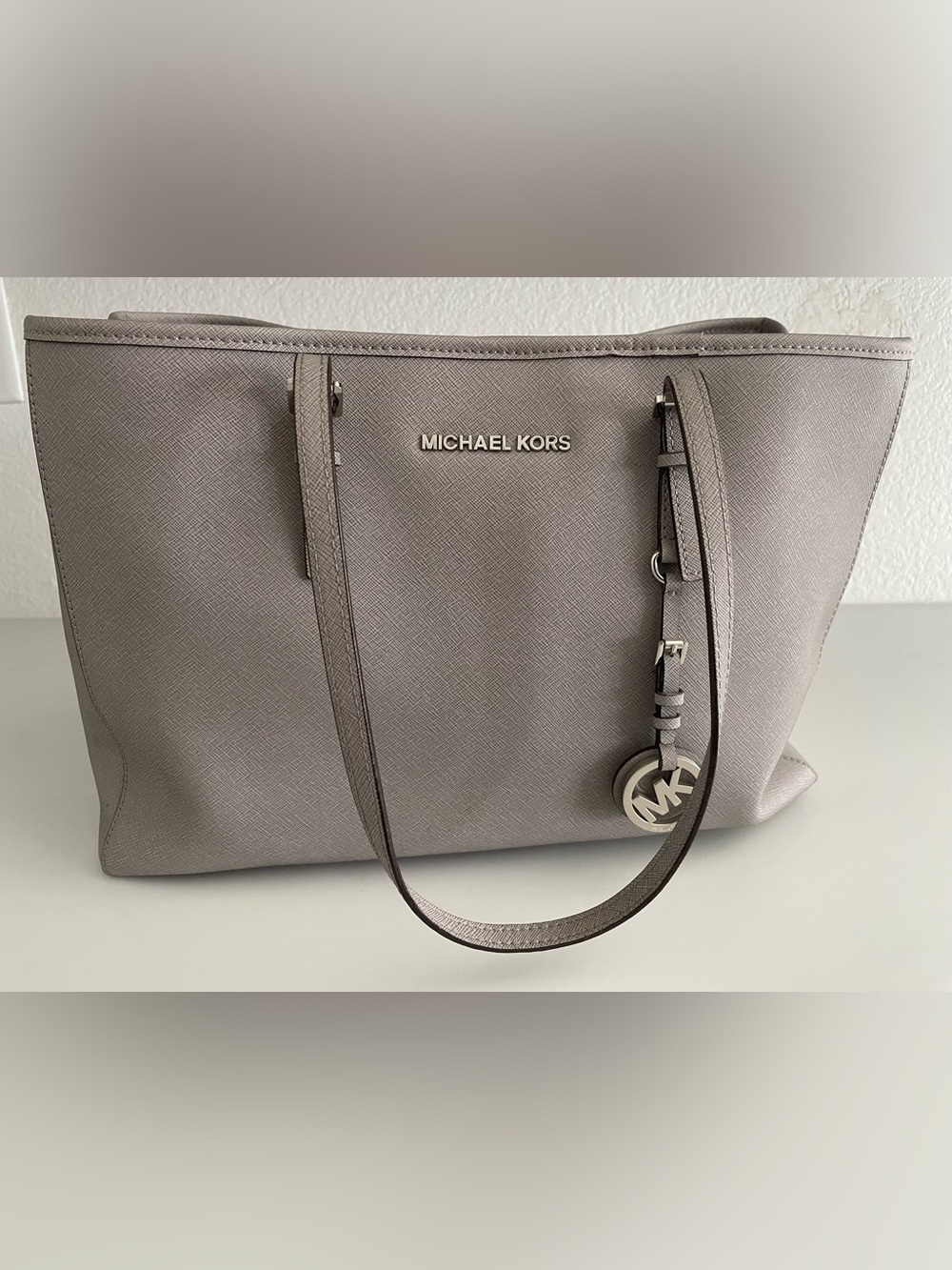 MICHAEL KORS Light Gray Saffiano Leather Tote with MK Charm